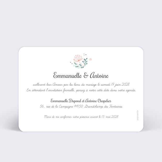 Save the date couronne de fleurs Verso
