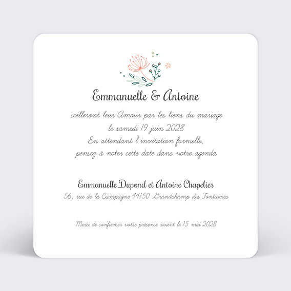 Save the date Couronne de fleurs Verso